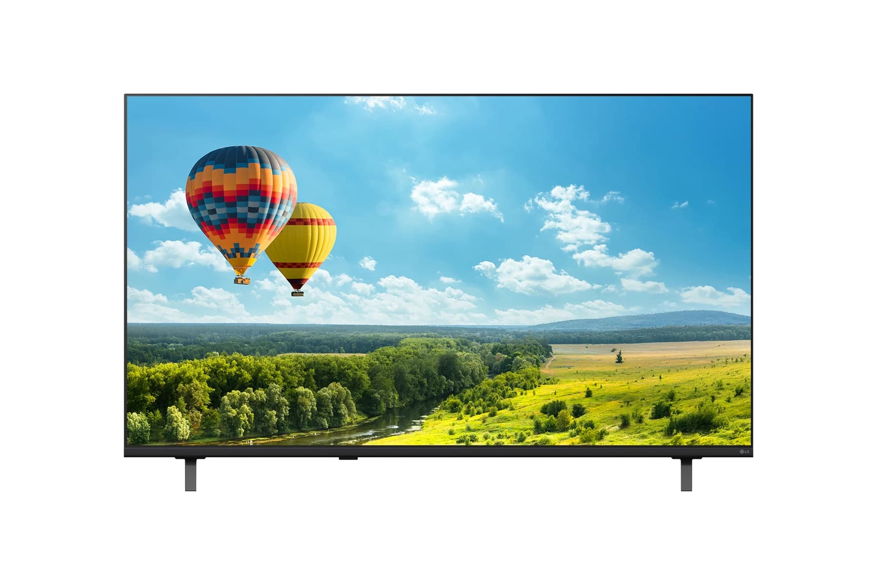 LG 55UJ660H0LD — Vista frontal del televisor de hotel LG 55 4K UHD con Pro:Centric Hub 55UJ660H con imagen en pantalla