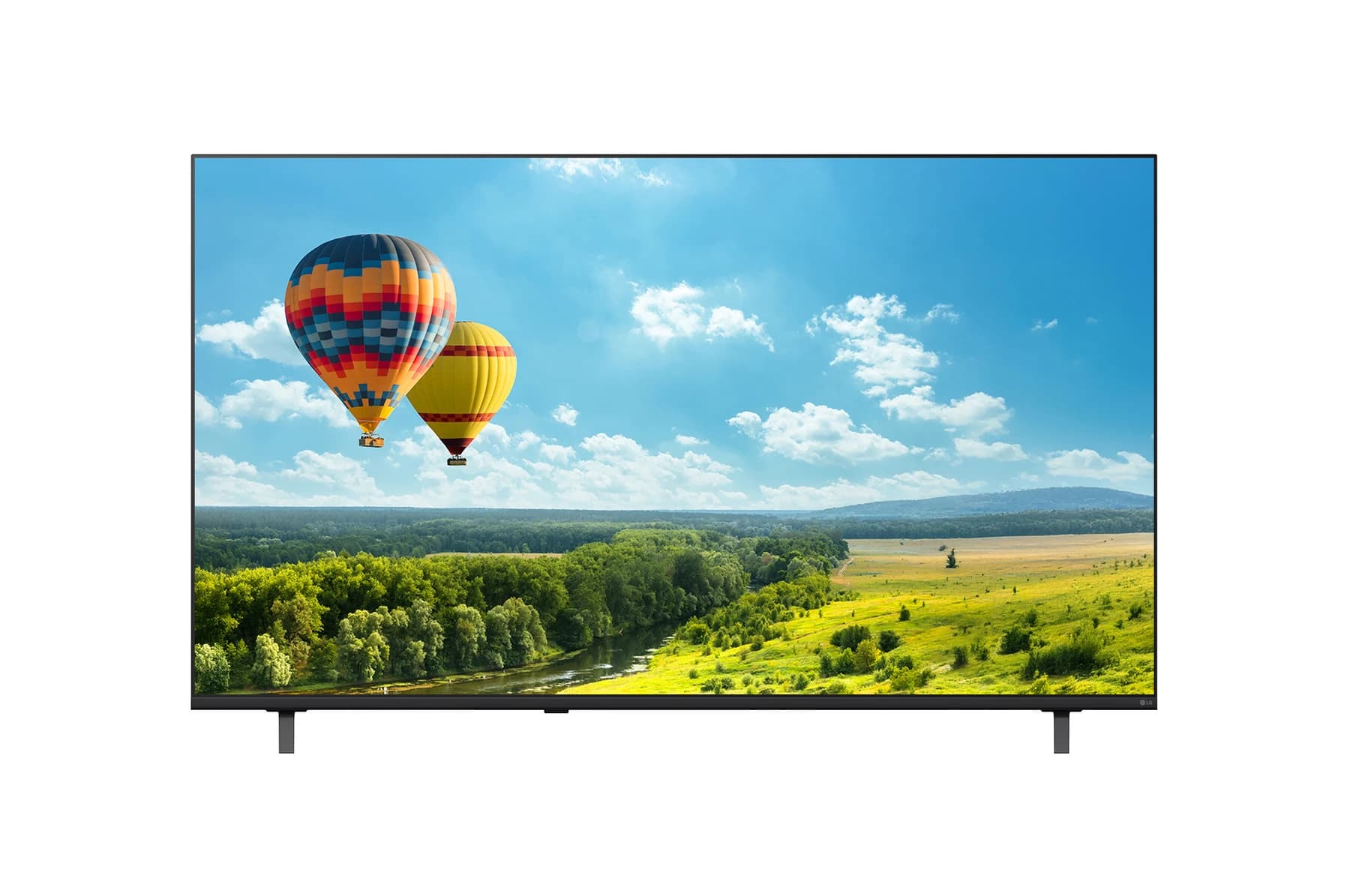 LG 65UJ660H0LD — Vista frontal del televisor de hotel LG 65 4K UHD con Pro:Centric Hub 65UJ660H con imagen en pantalla