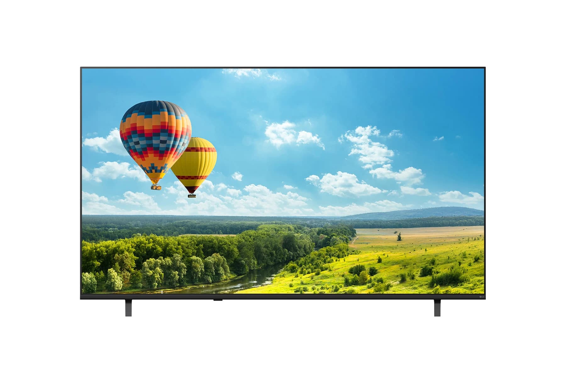LG 75UJ660H0LD — Vista frontal del televisor de hotel LG 75 4K UHD con Pro:Centric Hub 75UJ660H con imagen en pantalla