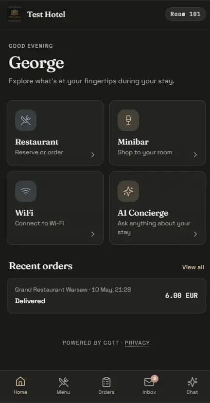 COTT demonstration of the mobile guest companion with dining, minibar and concierge