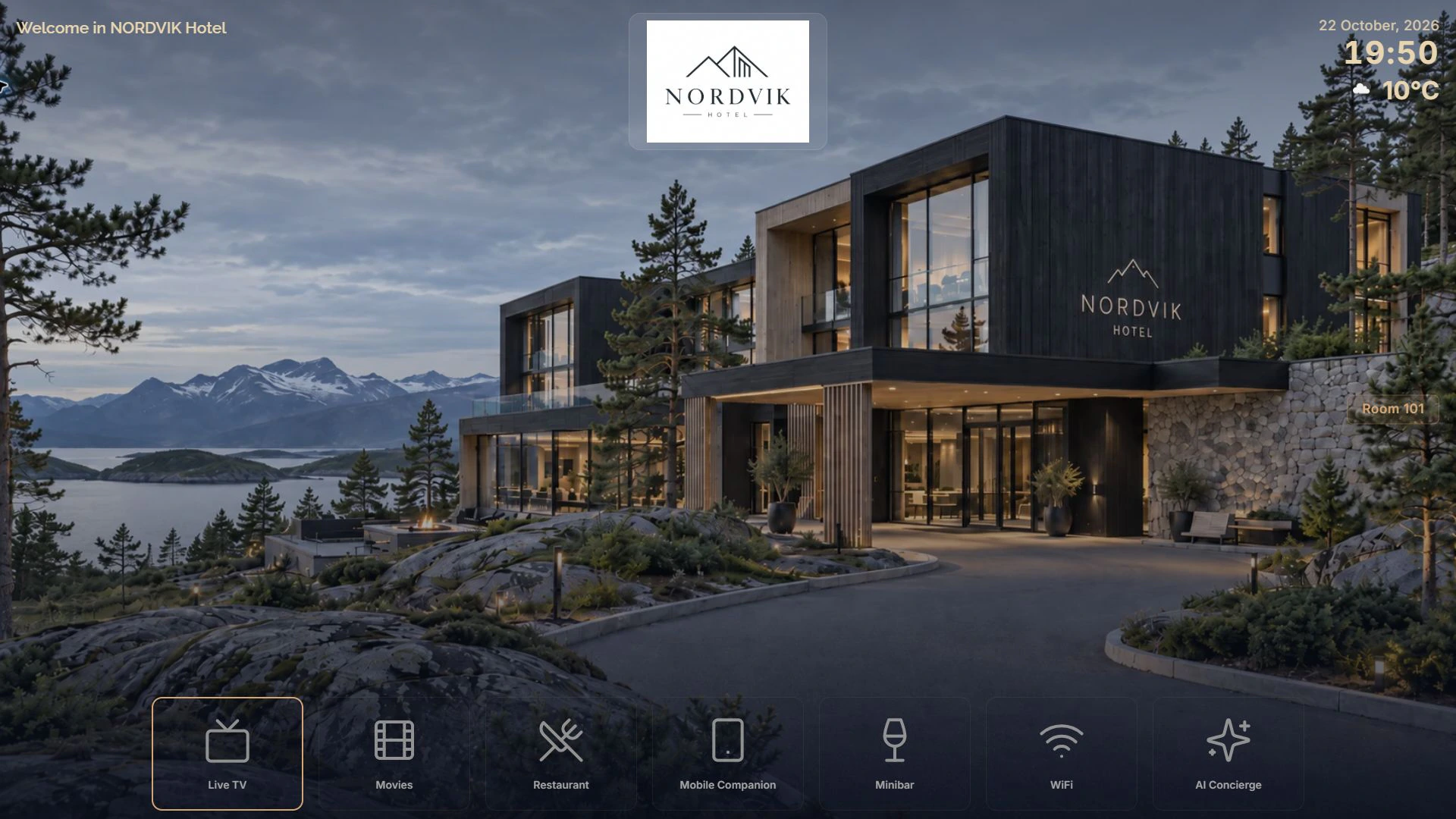 COTT.TV hotel TV home menu with Live TV, Movies, AI Concierge, and Restaurant tiles