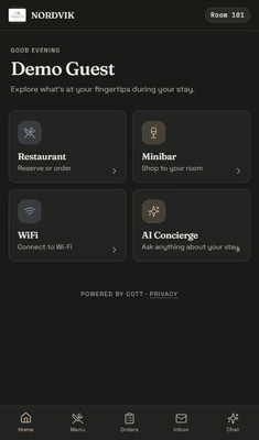 COTT companion app home screen with Restaurant, Minibar, WiFi, and AI Concierge tiles