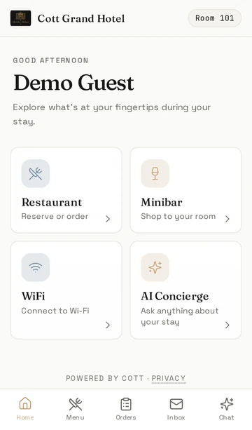COTT companion app home screen with Restaurant, Minibar, WiFi, and AI Concierge tiles